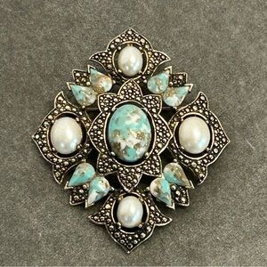 Vintage SARAH COVENTRY brooch/pendant Faux pearl  turquoise cabochon Victorian